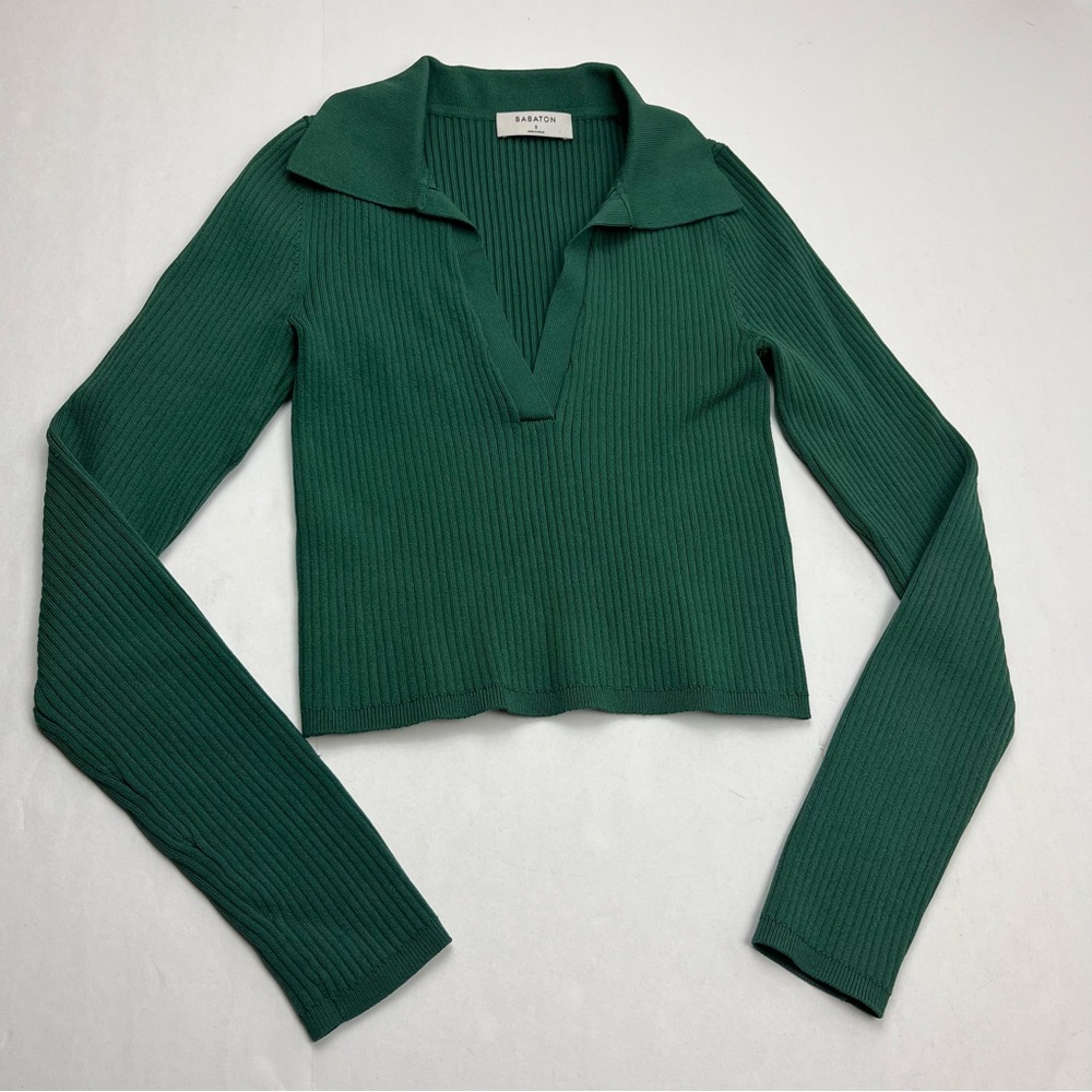 Aritzia Babaton Sculpt Knit V-neck Long Sleeve Cropped Top Shirt Green SZ Small